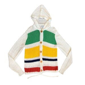 Vintage Color-blocked Striped Hooded Cardigan Buttoned Sweater Size S